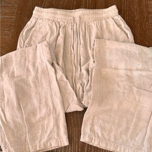 Beige Linen Drawstring Pocketed Pants